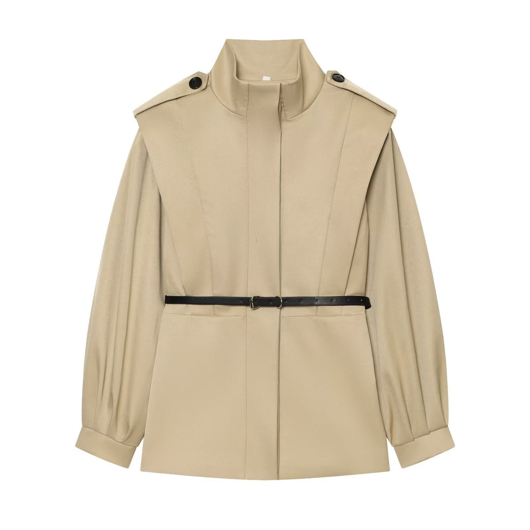 Dam Cape-Like Kappa Jacka med Standing Krage, Shoulder Flaps och Belted Waist