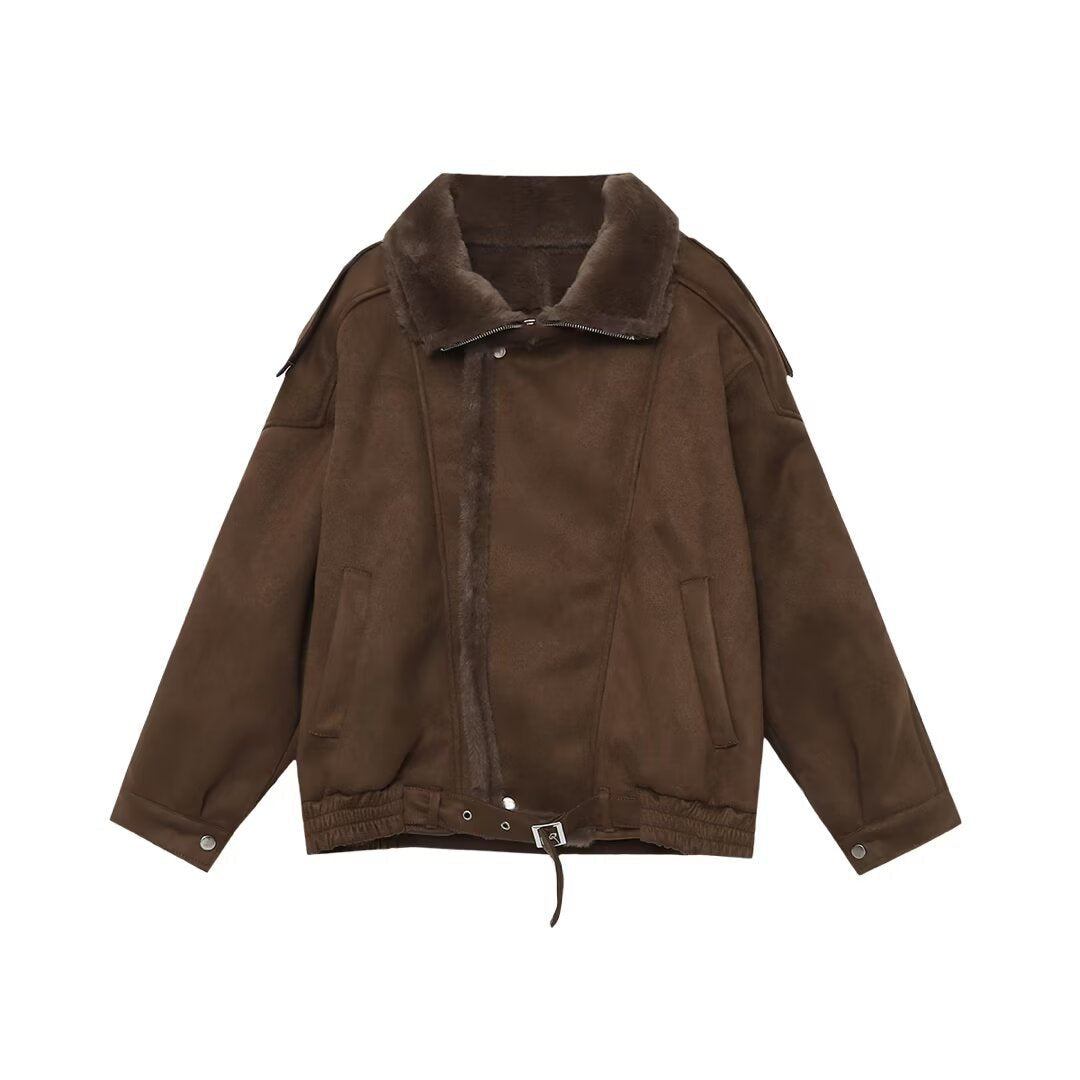 Dam Oversized Aviator Jacka med Teddy Foder, Ståkrage och Midjebälte