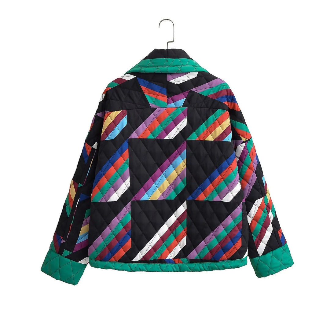 Dam non-quiltad kimono jacka med geometric patchwork och öppen front