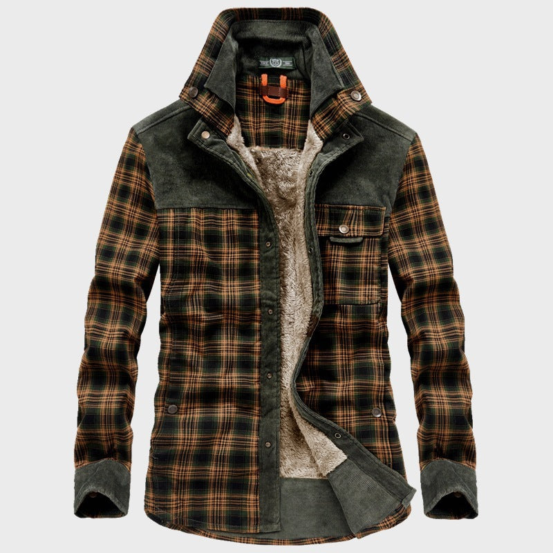 Herr Checkered Skjortjacka med Teddyfoder, Manchester Trim och Hög Stående Krage