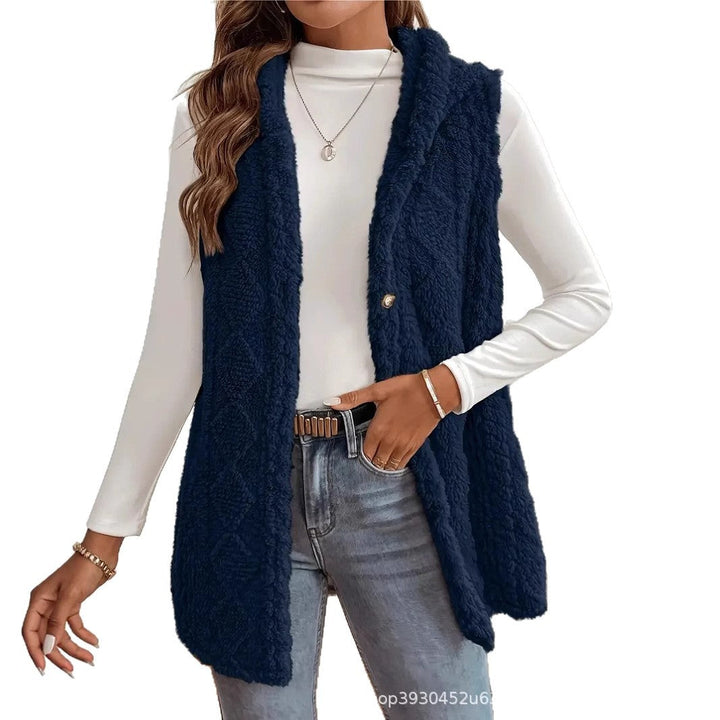 Dam fleece Lined teddy väst med huva och knapp stängning