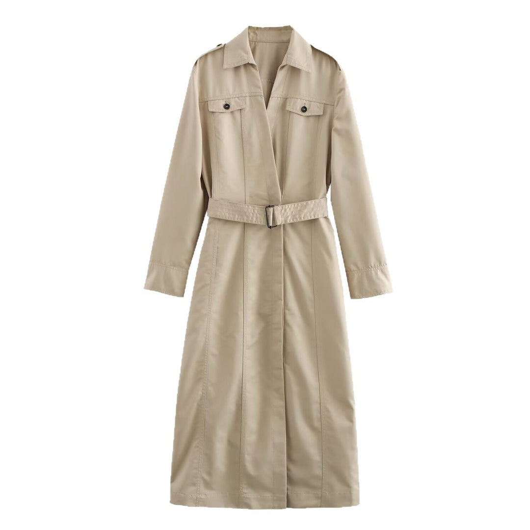Dam längre skräddad trenchcoat med knytband, skjortkrage och epaulettes