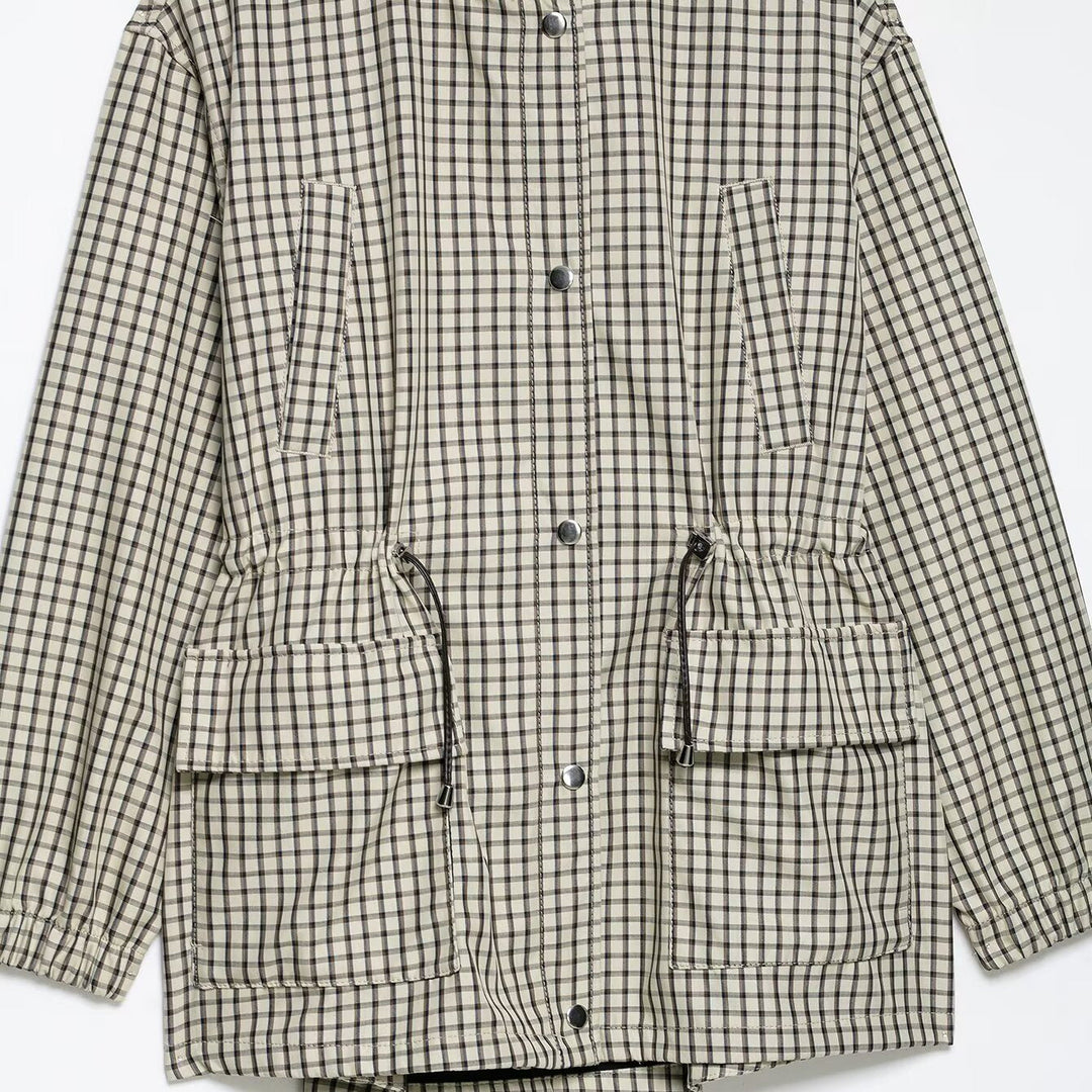 Dam Checked Oversize Parka med Drawstring, Stå Krage och Lock Fickor