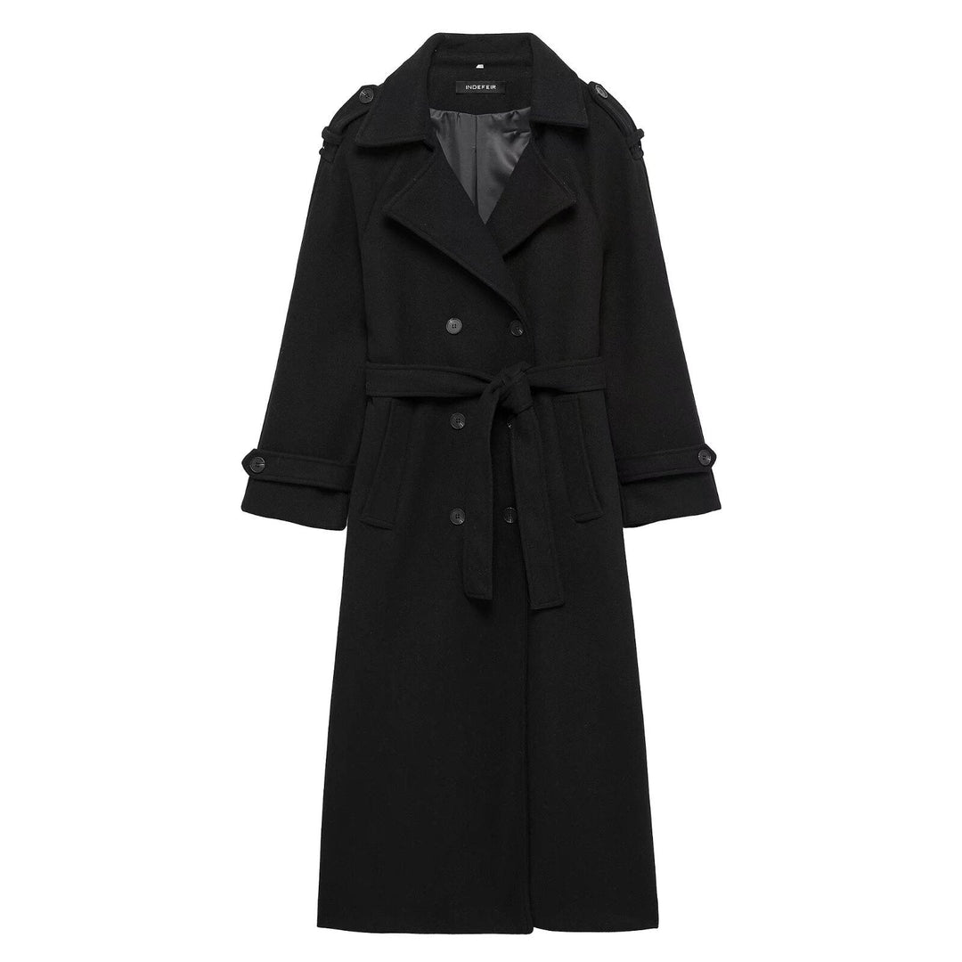 Dam Lång Dubbel-Breasted Trenchcoat med Bälte och Axel Straps