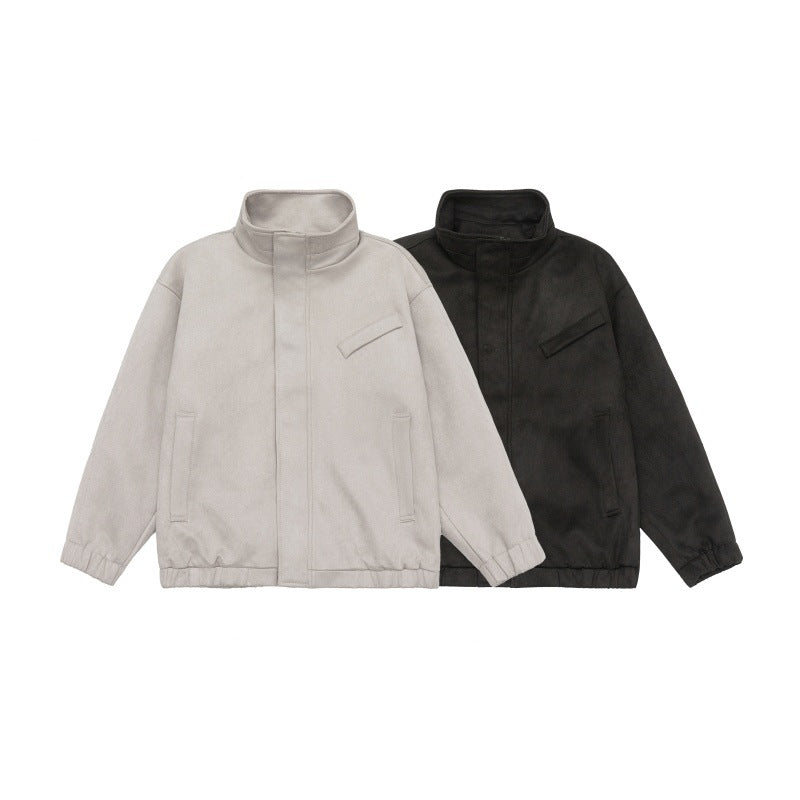 Unisex Kort-Skärning Ståkrage Fleece Jacka med Concealed Tryckknappsslå