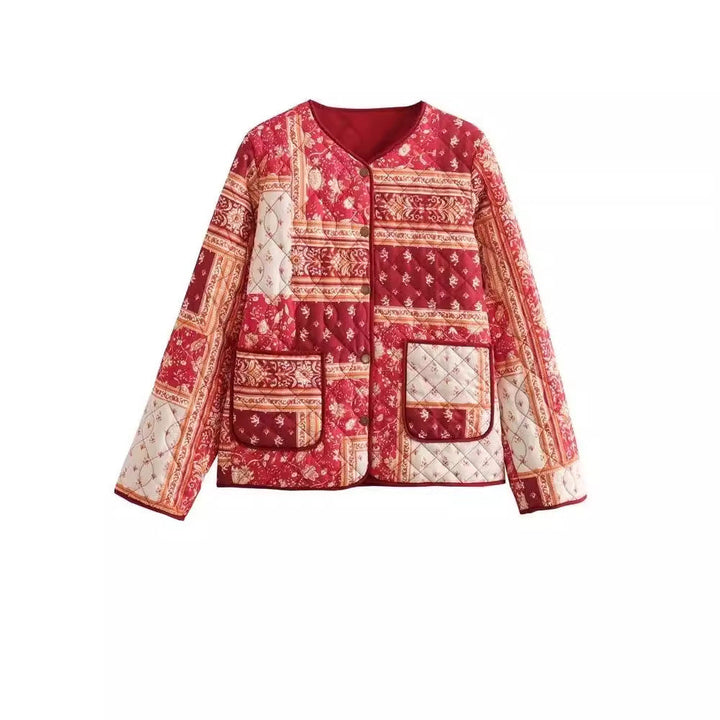 Dam kviltad jacka in patchwork bandana design med round neck och utanpåfickor