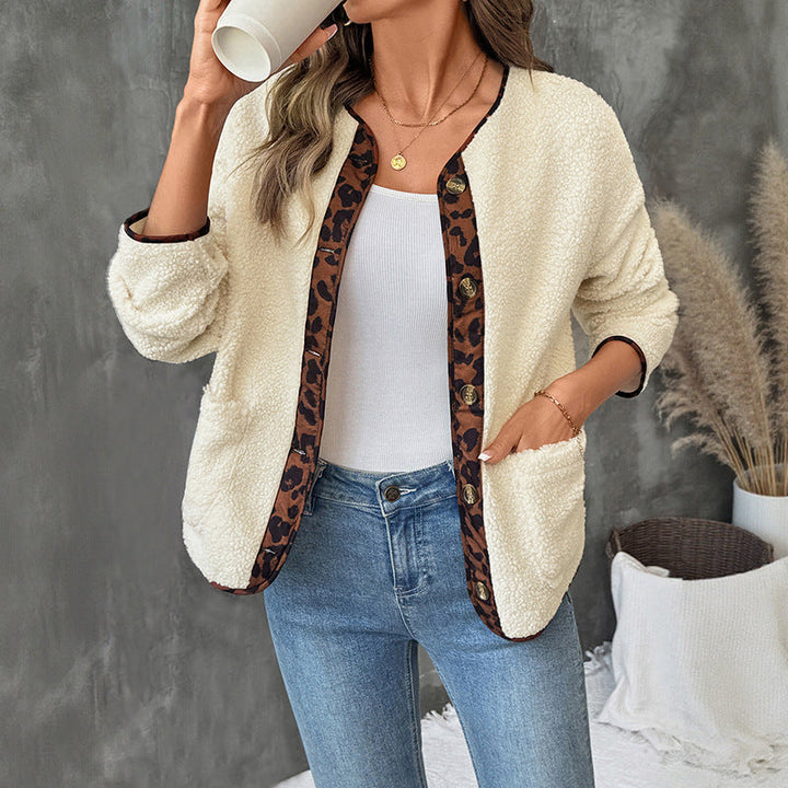 Dam Mysig Teddy Blazer med Leopard Tryck