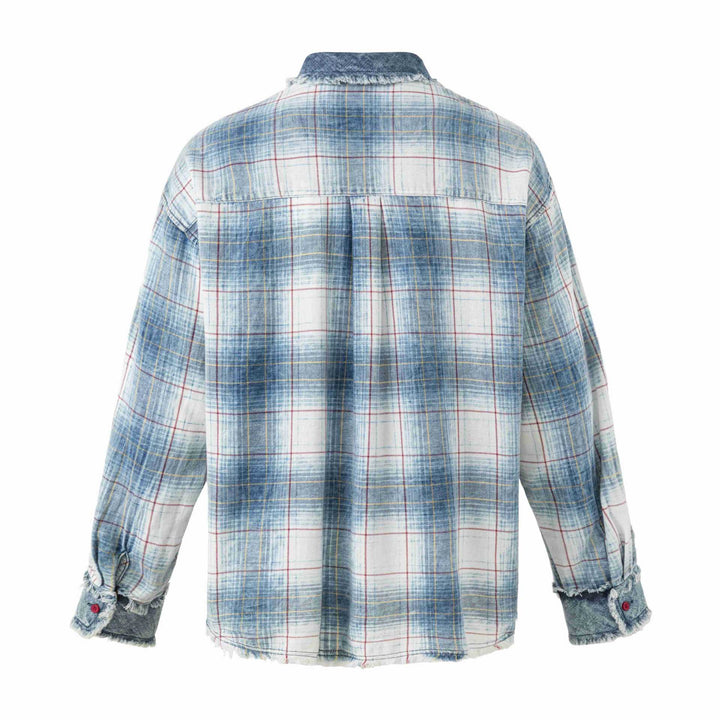 Dam Oversized Rutig Skjorta Jacka med Denim Applications och Frayed Edges