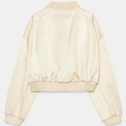 Dam Kort Satin Look Blouson Jacka med Balloon Ärmar och Ribbed Muddar
