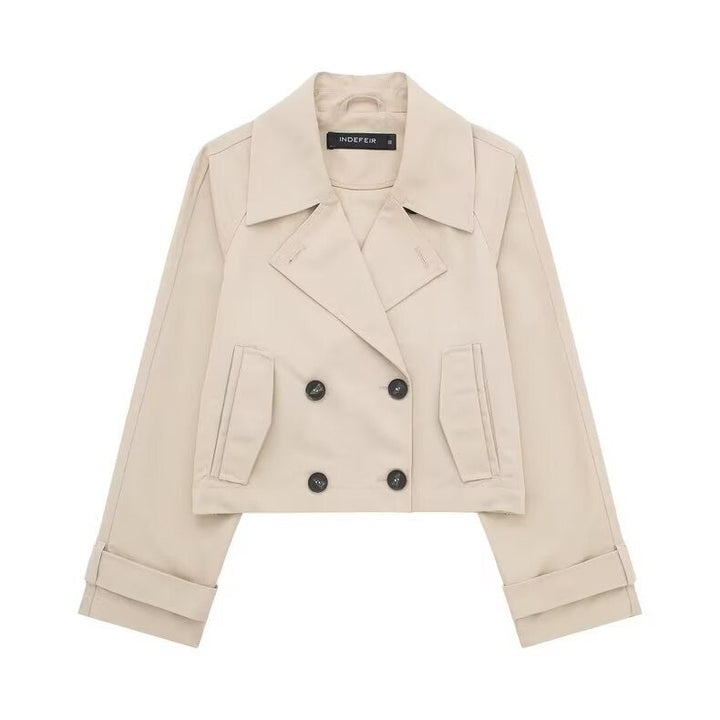 Dam cropped double-breasted trenchcoat med bred lapels och adjustable ärm straps