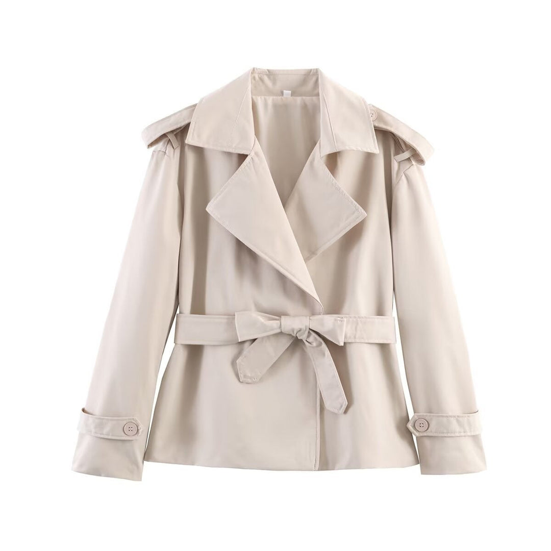 Dam Kort Trenchcoat med Waist Belt, Double-Breasted Front och Shoulder Flaps