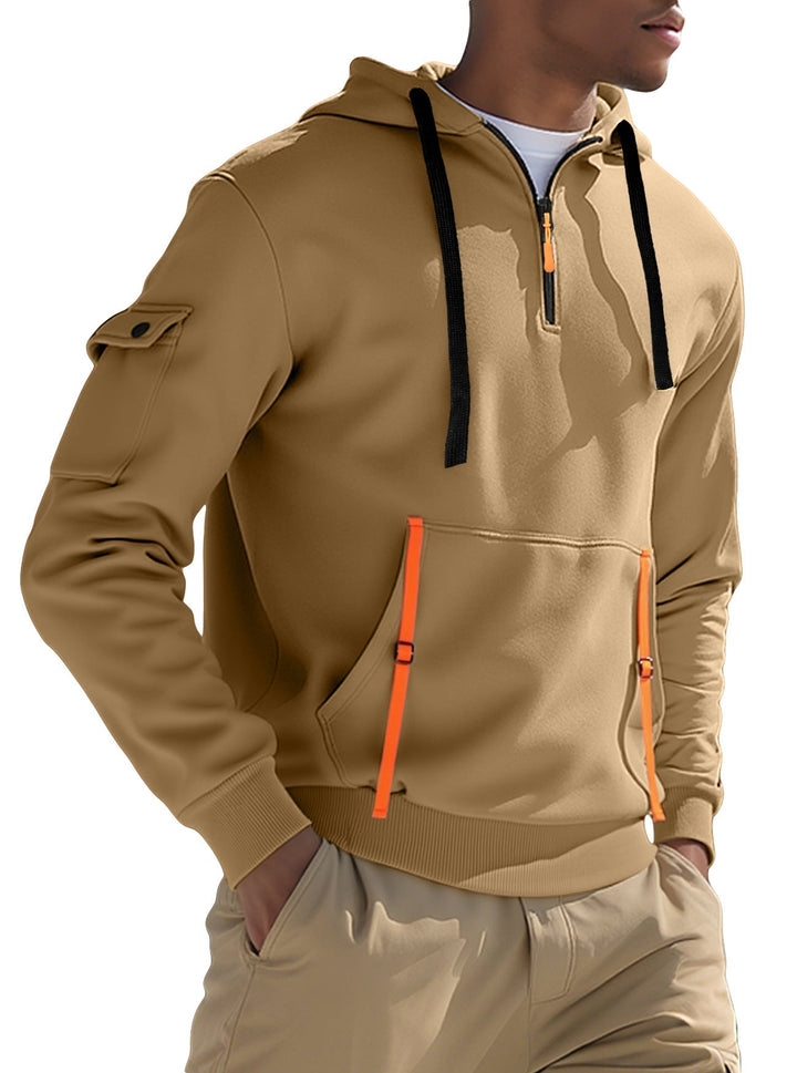 Herr Nano Urban Tech med Huva Halv Dragkedja Pullover med Utility Ärmficka, Känguruficka, och Adjustable Dragkedja Tapes