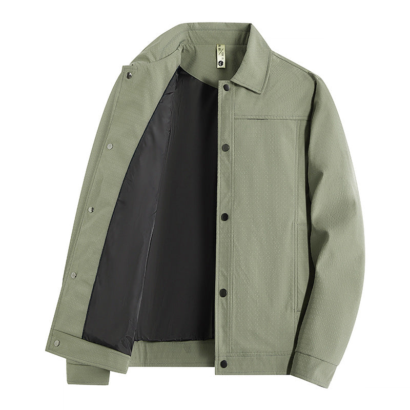 Herr Ljus Övergångs Jacka i Worker Stil med Microstructured Twill Look och Tryckknappslå