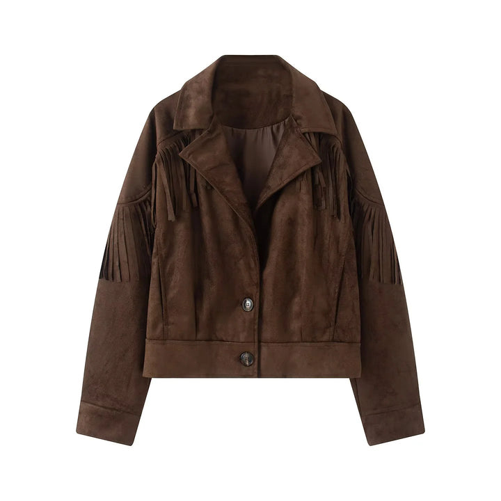 Dam kort mockalook fringe jacka med lapel krage och concealed knäppning