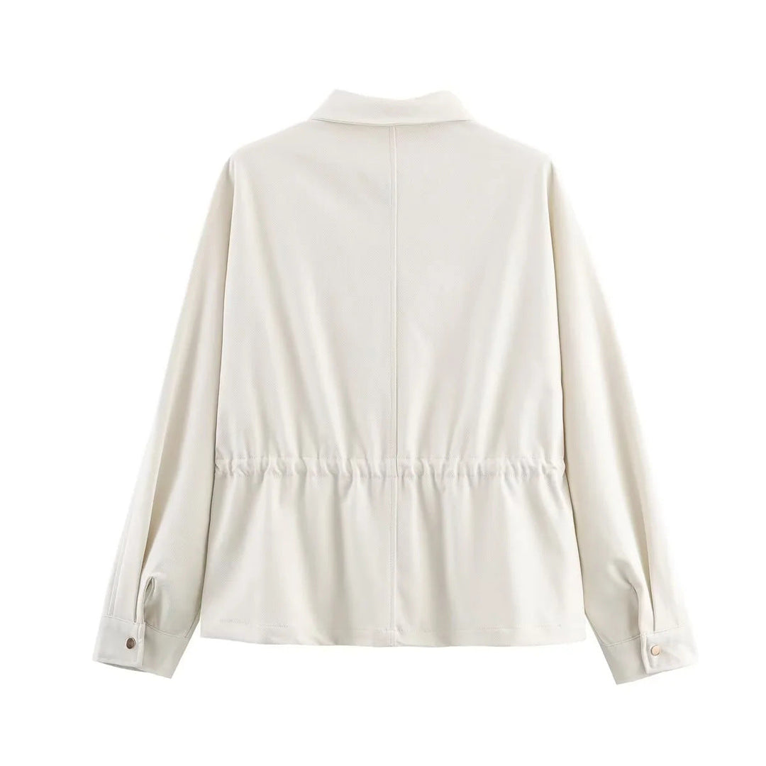 Dam lätt shirt jacka med drawstring waist, full-length dragkedja, och patch bröstfickor