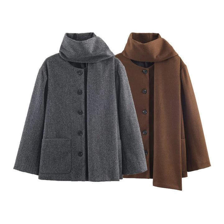 Dam boxy jacka i ullblandning med voluminous tube krage och patch front pocket