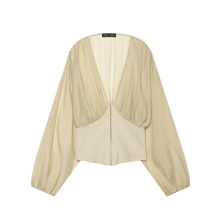 Dam Kort Bolero Blouson med Deep V-Neck, Gathered Yoke och Balloon Ärmar