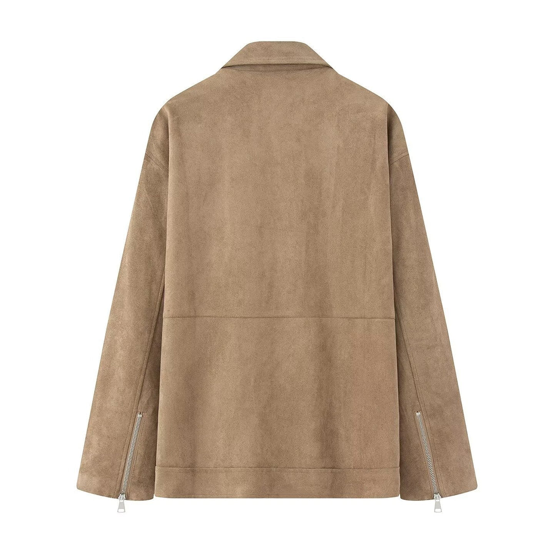 Dam lång oversized bikerjacka i velour look med diagonal dragkedja och multiple fickor