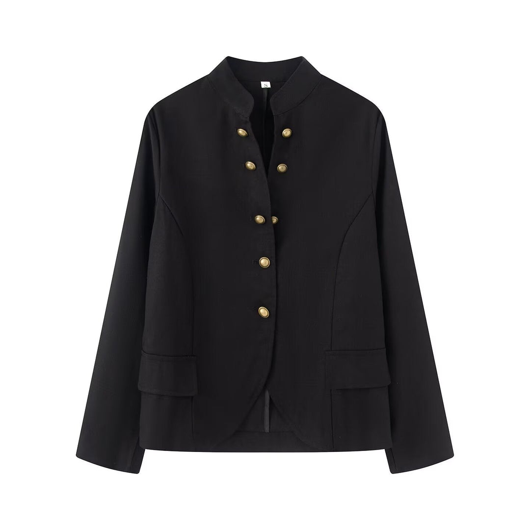 Dam Elegant Kort Jacka med Standing Krage, Dekorativ Toggle Knappar och Lock Fickor