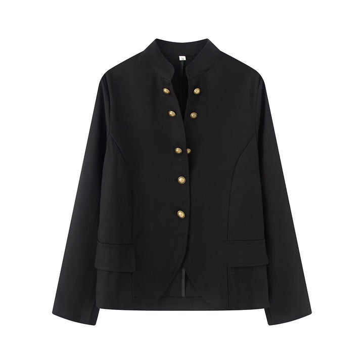 Dam Elegant Kort Jacka med Standing Krage, Dekorativ Toggle Knappar och Lock Fickor