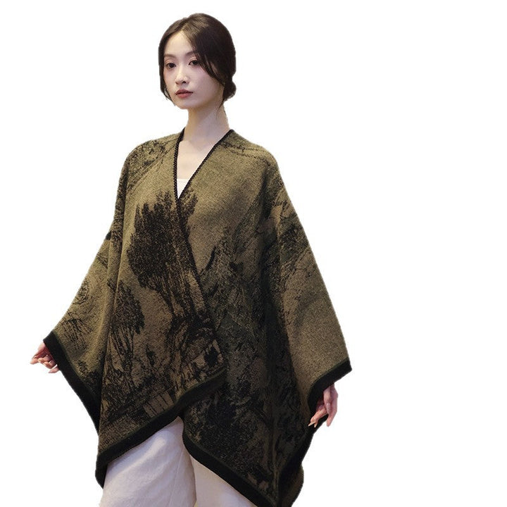 Dam jacquard stickad cape med textured woven look och öppen front