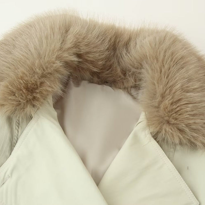 Dam Dubbel-Breasted Blouson med Removable Konstpäls Krage, Midjedragsko och Adjustable Muddar