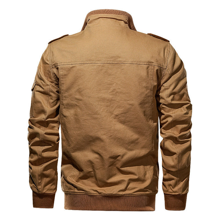 Herr Military-Inspired Canvas Fältjacka med Epaulettes, Flera Fickor och Ribbad Fåll