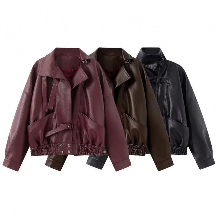 Dam 10+ Tailored Kort Faux Läder Blouson med Belt, Elastic Nederkant, och Lock Fickor