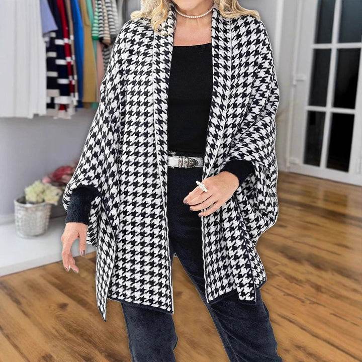 Dam oversized poncho med Houndstooth mönster och Open sjalkrage