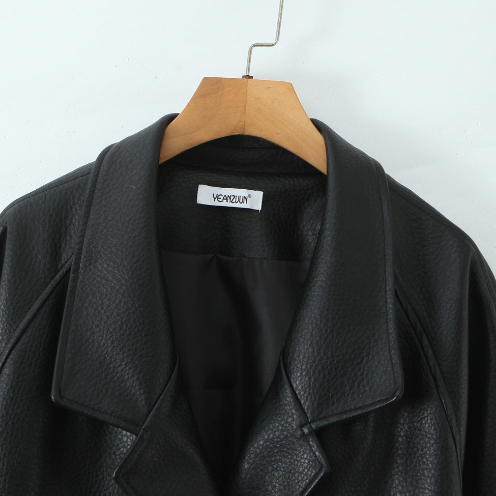 Dam oversize läderlook kappa med Textured Surface och vid Lapels
