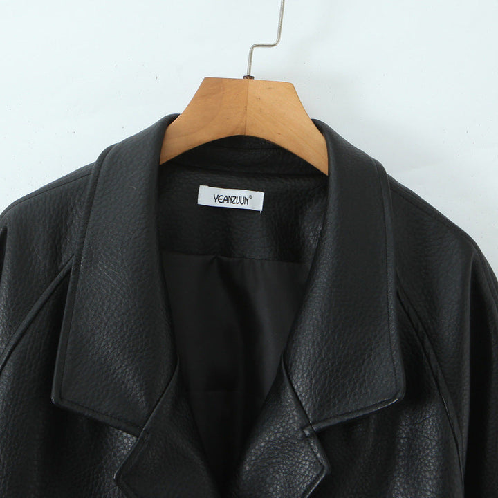 Dam oversize läderlook kappa med Textured Surface och vid Lapels