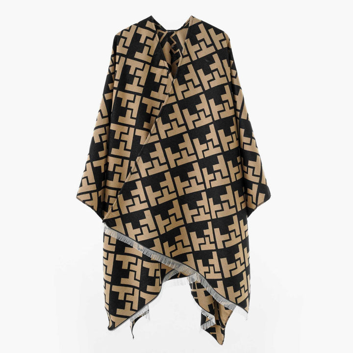 Dam Oversize Jacquard capeponcho tillverkad av ullblandning med geometric mönster och fringes