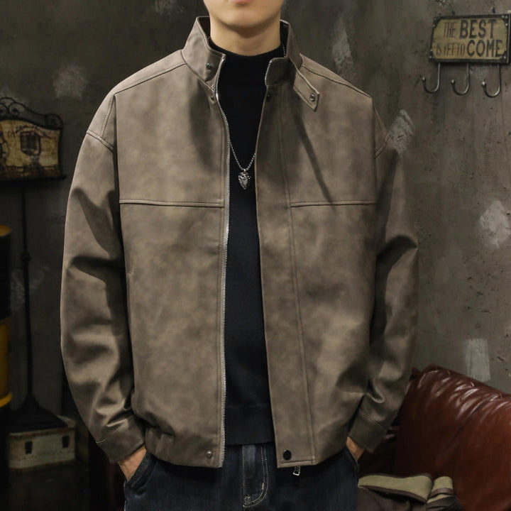 Herr Boxy Leather-Look Blouson med Dold Dragkedja Knapplist, Ståkrage, och Elastisk Waistband