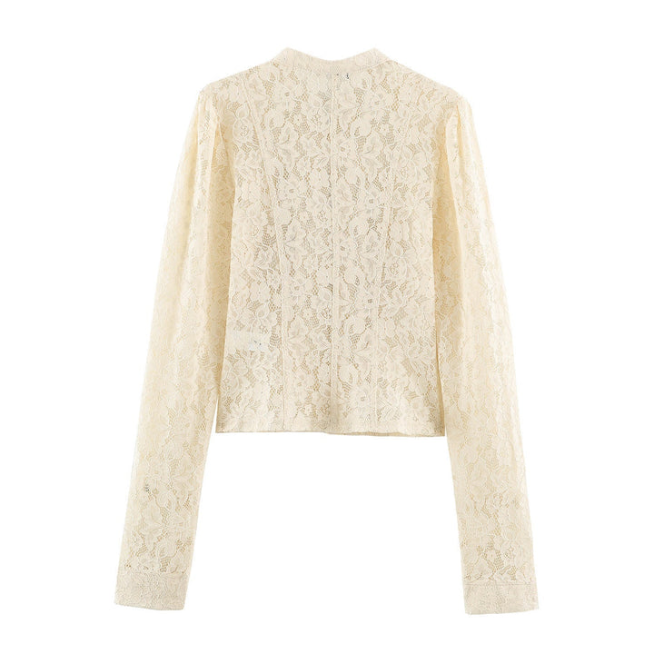 Dam Kort Jacka Tillverkad av Blommig Lace med Mandarin Krage och Dekorativ Straps