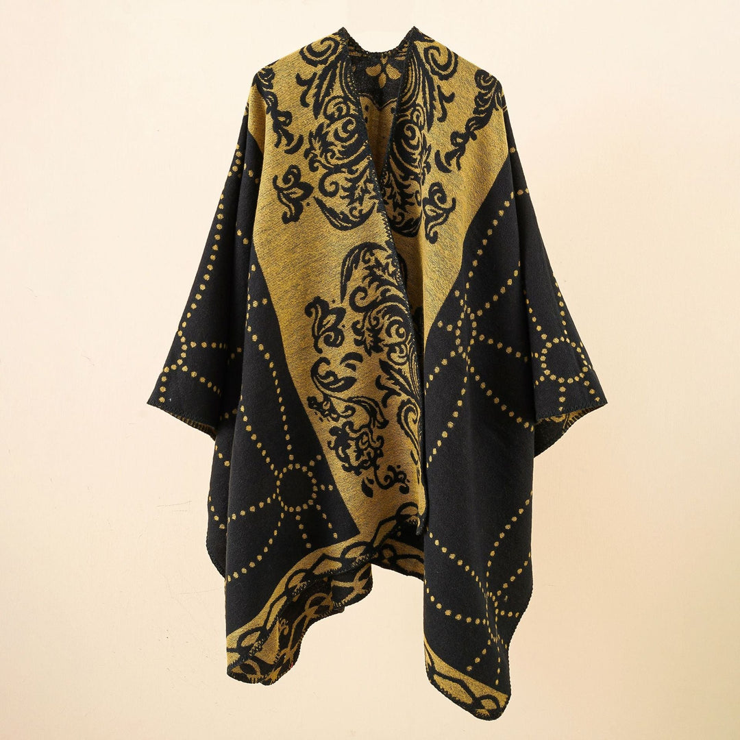 Dam Jacquard Ruana i cape stil med kontrasterande chain fåll