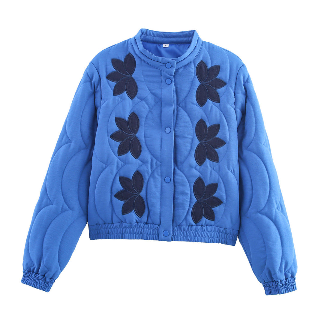 Dam Kort Skärning Vadderad Jacka med Blommig Appliqués och Elastic Nederkant