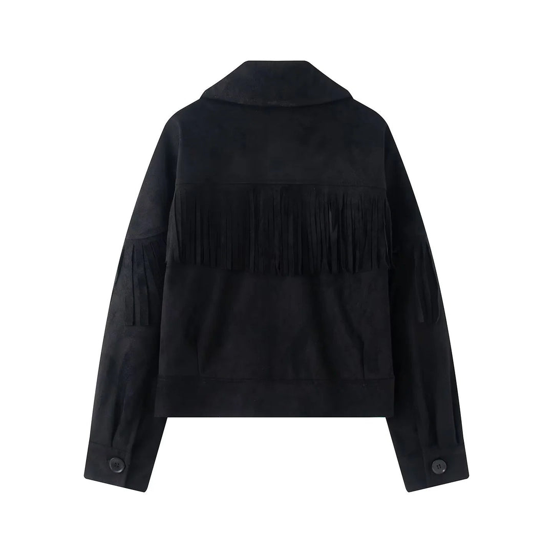Dam kort mockalook fringe jacka med lapel krage och concealed knäppning