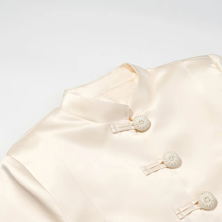 Dam figurnära stand krage jacka med decorative knot knappar