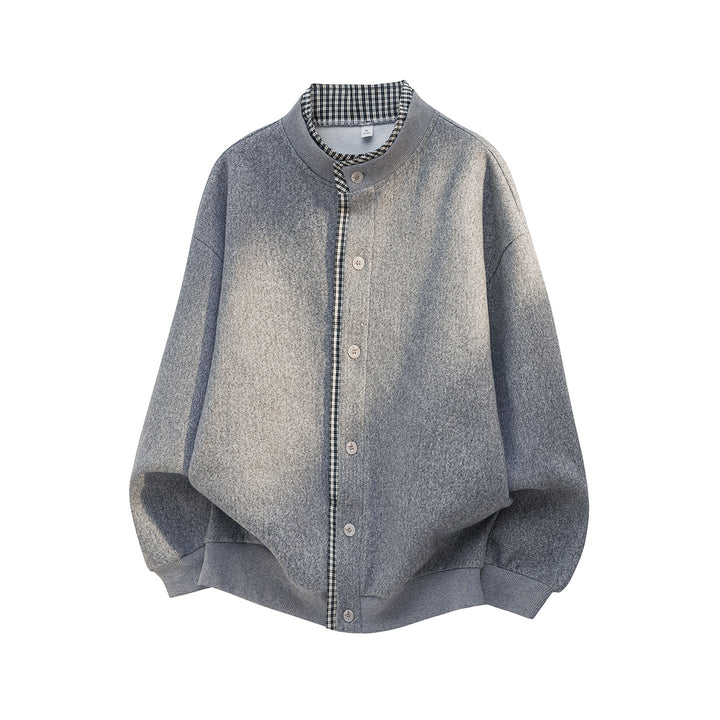Unisex Oversize Ull Blend Kofta Jacka med Check Kant och Stå Krage