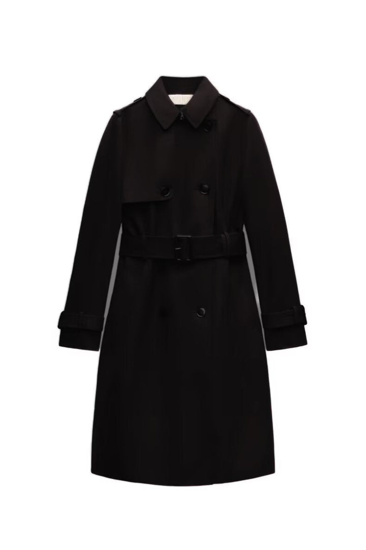 Dam Longer Skräddarsydd Trenchcoat med Dubbel-Breasted Knapplist, Midjebälte, och Ärm Tab