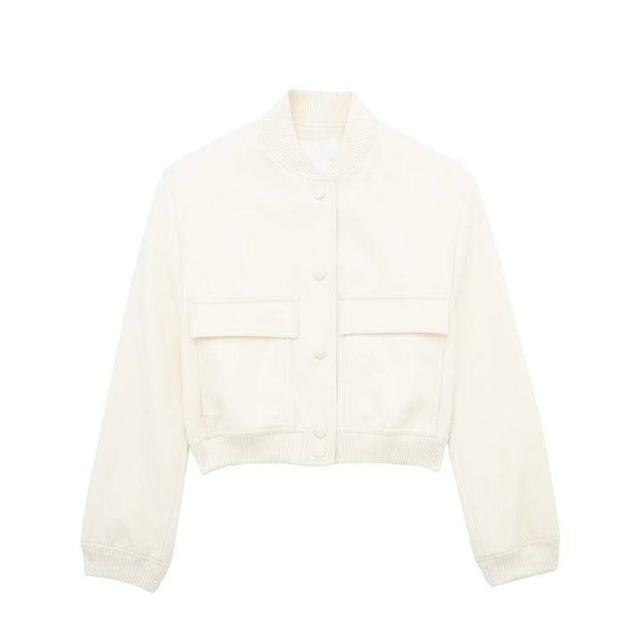 Dam Kort Boxig Blouson Jacka med Dold Tryckknapp Knappar, Lock Fickor och Ribbed Nederkant