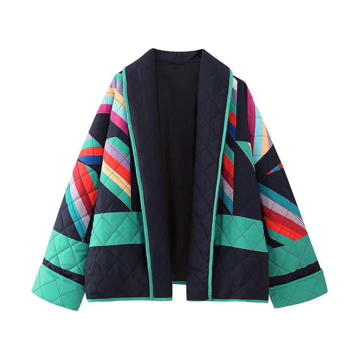 Dam quiltad oversized kimono jacka med graphic block tryck och piping