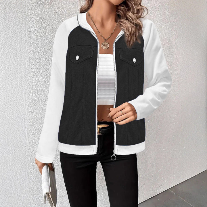 Dam denim mix blousonjacka med dragkedja och bröstfickor