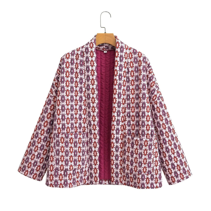 Dam mönstrad Kimono kviltad jacka med Open fram och utanpåfickor