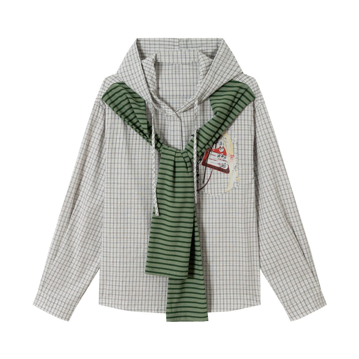 Dam Oversized Skjorta Jacka med Huva, Attached Stickad Scarf och Bröst Lapp
