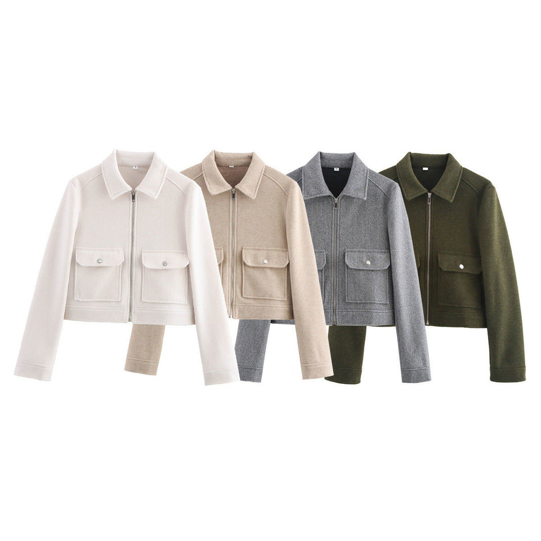 Dam kort-skärning ull look blousonjacka med continuous dragkedja och patch flap fickor
