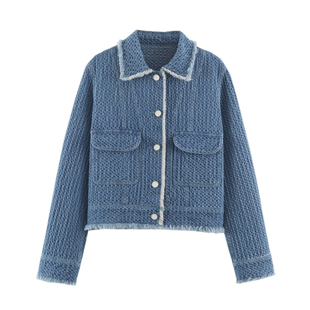 Dam kort Boxy denimjacka med Waffle Texture, utanpåfickor och Fringe Trim