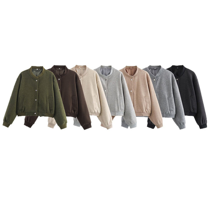Dam Kort Oversize Collegejacka i Ull Blend med Tryckknapp Knapp Stängning, Side Fickor och Ribbed Muddar