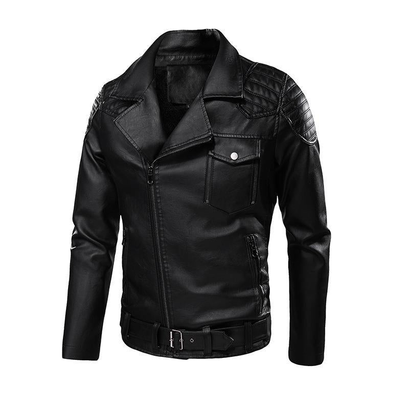 Herr Konstläder Biker Jacka med Axel Quilting, Asymmetric Dragkedja, och Justerbar Belted Midja