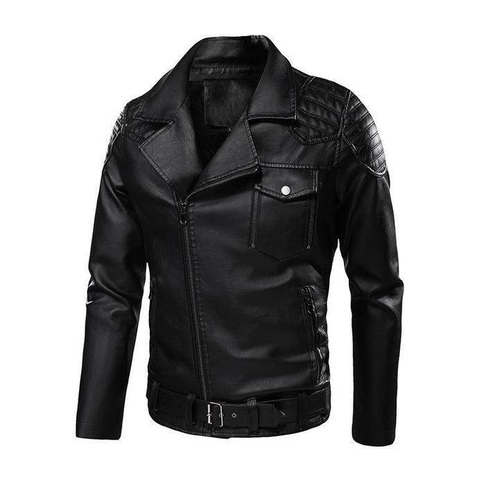 Herr Konstläder Biker Jacka med Axel Quilting, Asymmetric Dragkedja, och Justerbar Belted Midja